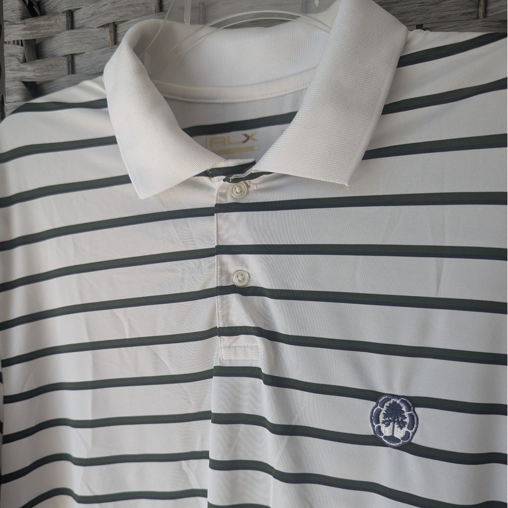RLX Ralph Lauren Striped Performance Golf Polo Shirt Wentworth Crest Logo Sz L